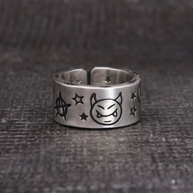 Bagues rétro en argent pour hommes et femmes, bijoux de documents, bague à motif de démon étoile en polaire mignonne, cadeaux de carillon réglables