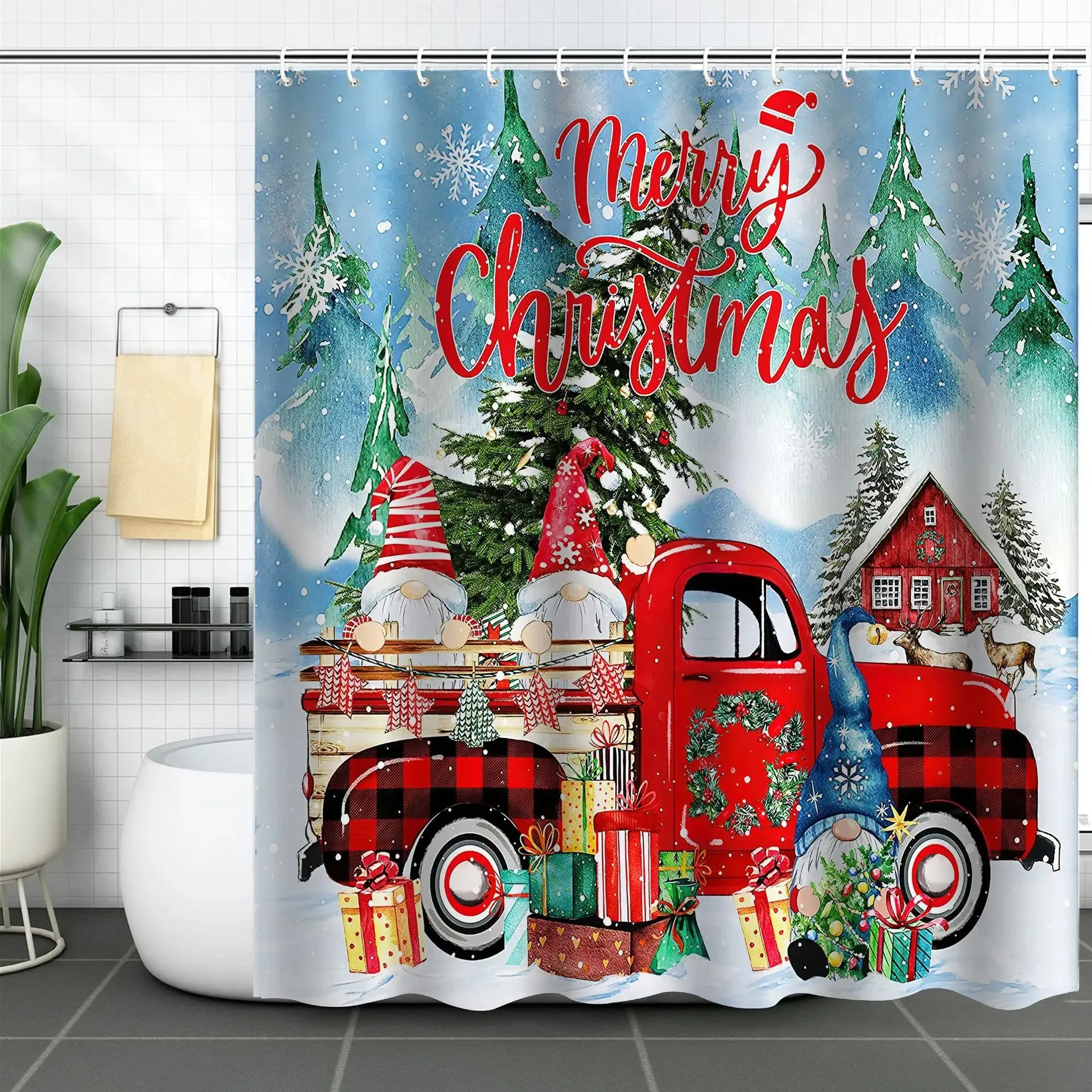 

Christmas Gifts Bathroom Shower Curtain Rug Set Father Christmas Snowman Happy New Year Polyester Shower Curtains Bathroom Decor