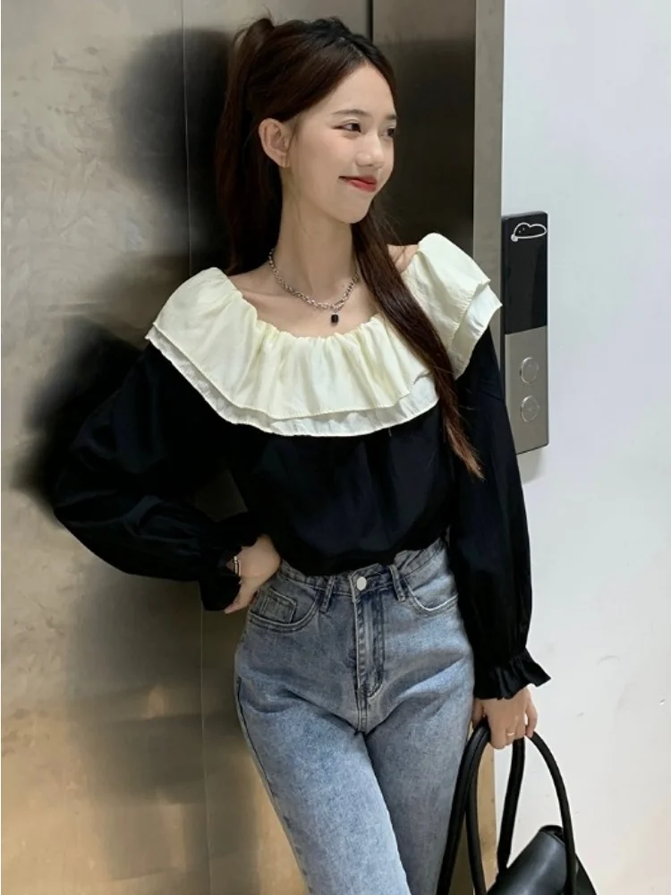 블라우스 여성 패치워크 봄 특별 섹시한 슬래시 넥 루즈핏 여성용 부드럽고 심플한 올매치 한국 스타일 우아한 데일리 캐주얼 신상품