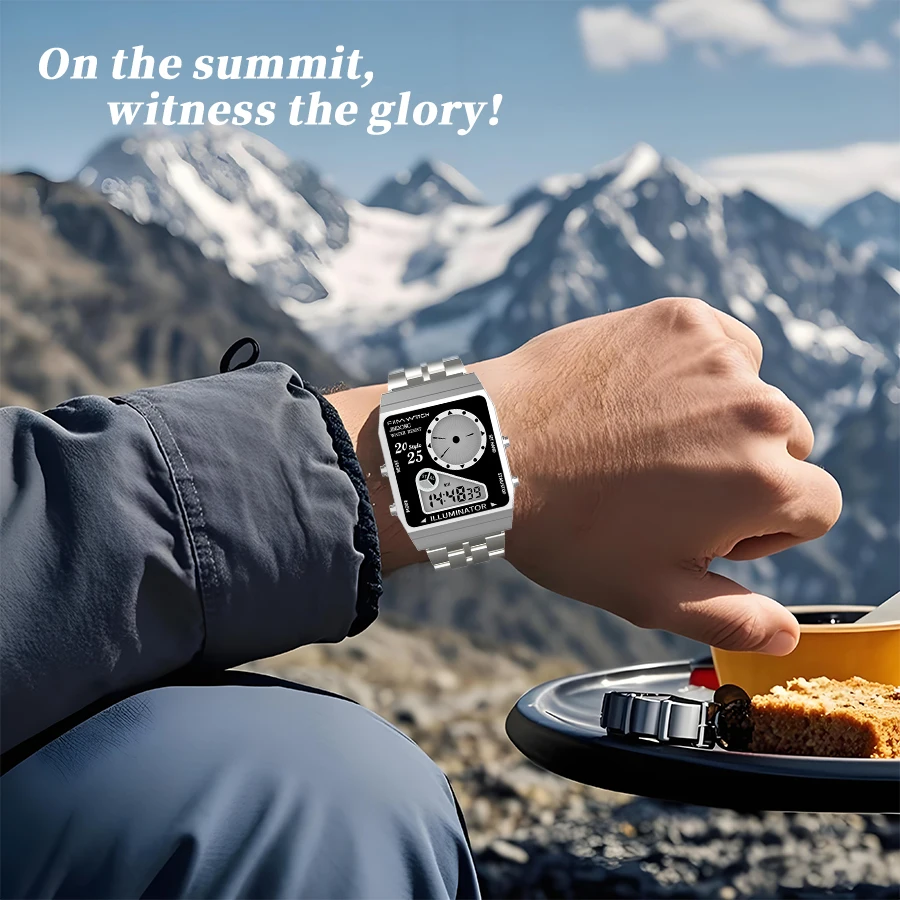 2025 ساعة رياضية عصرية للرجال ذات عرض مزدوج مقاومة للماء 30 متر حزام من الفولاذ المقاوم للصدأ كرونوغراف إنذار عرض الأسبوع والتاريخ