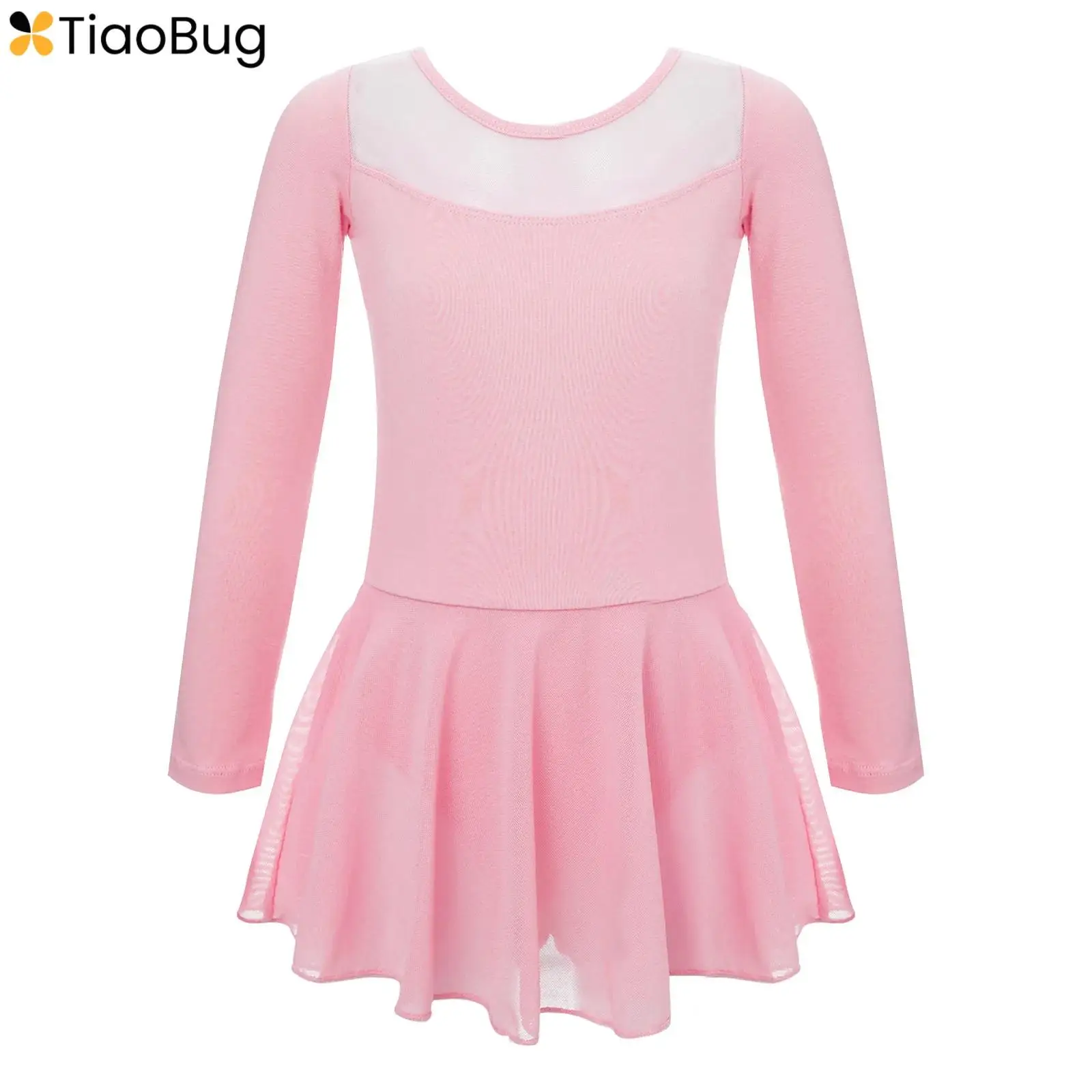 

Kids Girls Sheer Mesh Patchwork Ballet Dress Cotton Long Sleeve Leotard Dresses Dancewear Dance Practice Performance Costumes