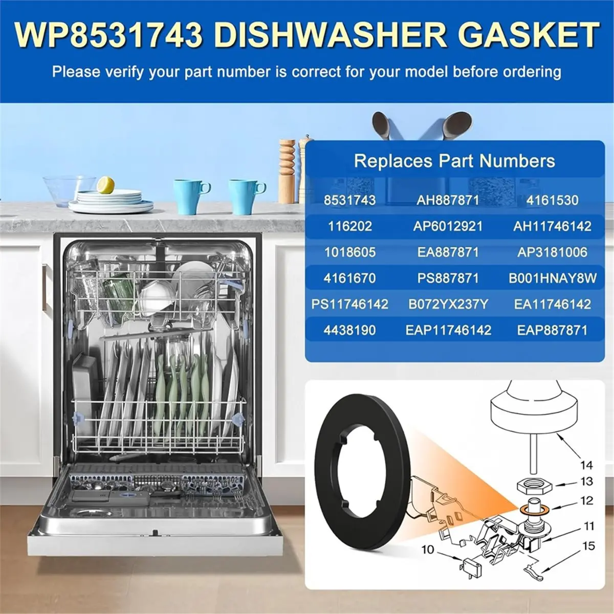 (A61K) WP8531743 Dishwasher Gasket Replacement for KitchenAid Kenmore JennAir Maytag Whirlpool 8531743 Gasket view 5