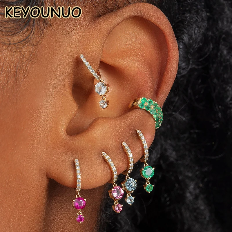 

KEYOUNUO Gold Silver Filled Drop Hoop Earrings For Women Earcuffs Colorful Zircon Dangle Earrings Fashion Jewelry Wholesale