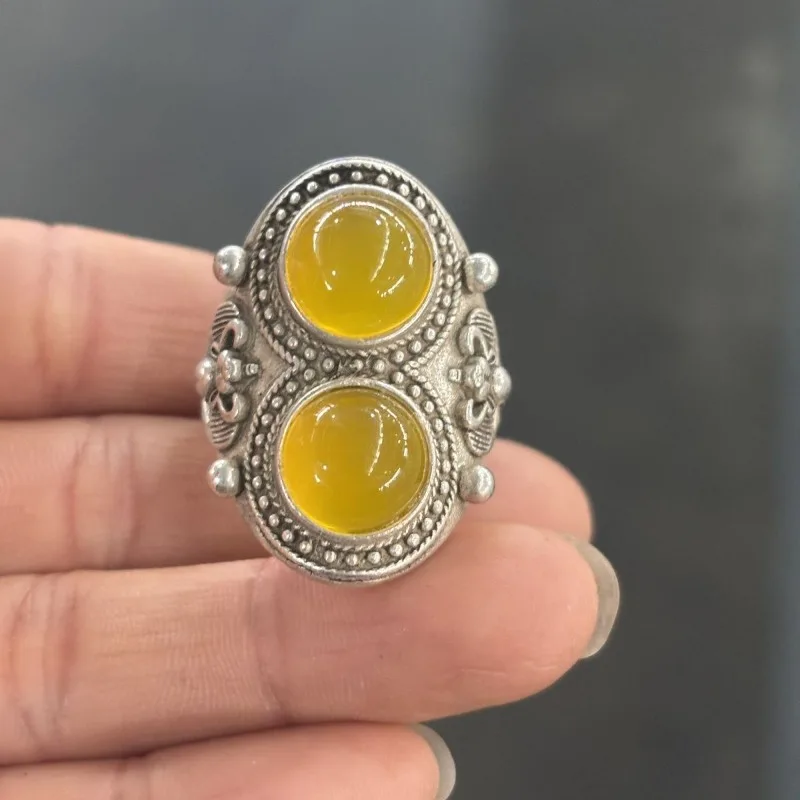 Vintage Carved Silver Plated Open Thumb Ring, Inlaid Yellow Gemstone, Antique Collectible Adjustable Band Jewelry
