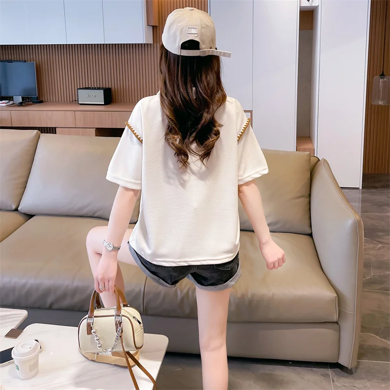 Casual Turn-down Collar Loose T-shirt Summer Fashion Cartoon Patch Designs Women's Clothing Spliced All-match Button Pullovers