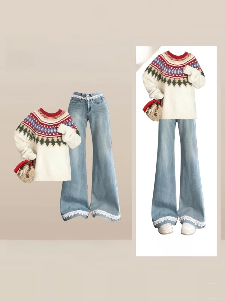 

Autumn Winter Faion Set Vintage Briti Sle Color Blo round Ne Knitted Wide Leg Pants Women Loose Two Piece Suit