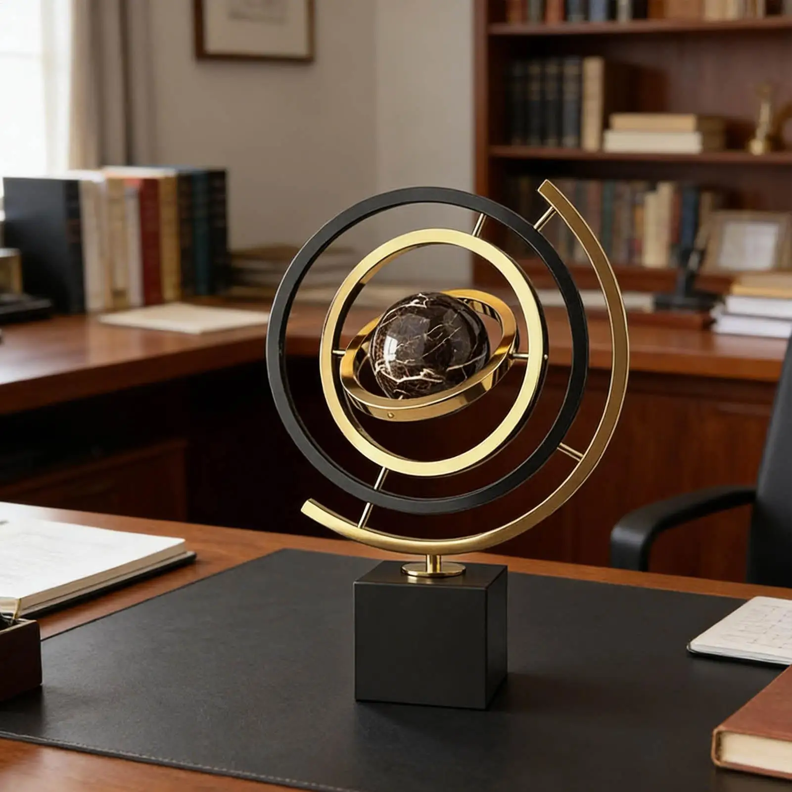 Rotating Globe Metal Ornament Home Accent Modern Abstract Art Decor Rotating Tabletop Abstraction Globe for Living Room Bedroom