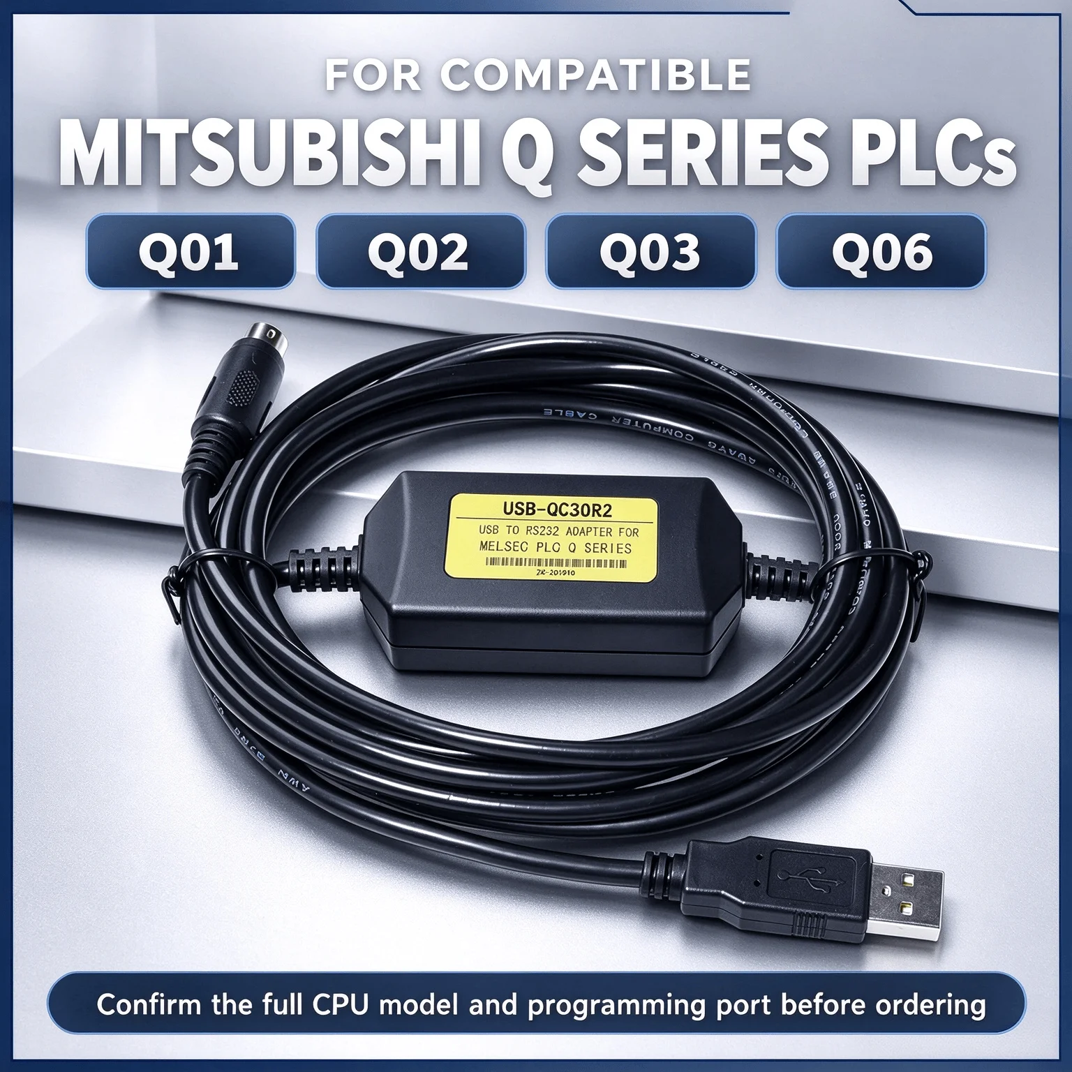 MELSEC USB-QC30R2 Communication Cable for Mitsubishi Q Series, 3M USB-RS232, GX Developer Parameter Transfer Wire