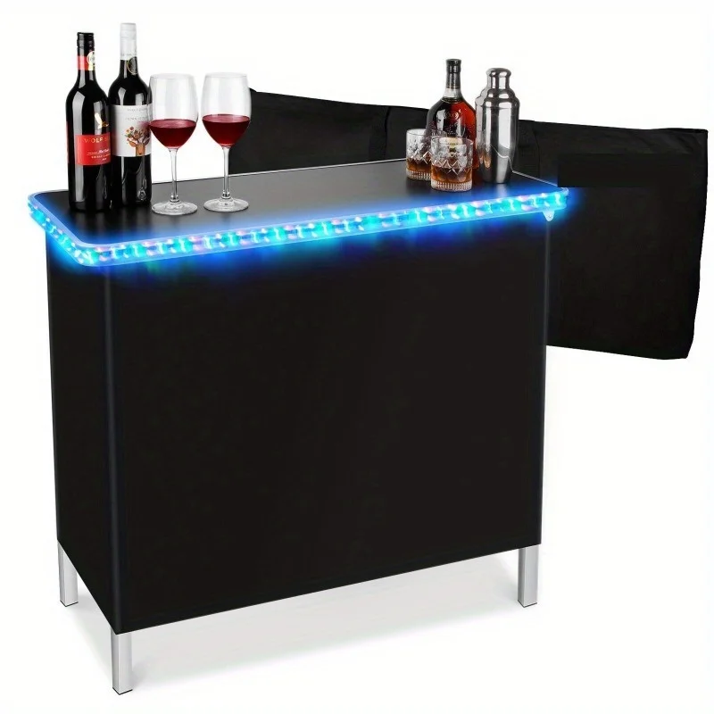 Mesa de barra de luz portátil, mesas de fiesta con sincronización de música con tira de luz LED remota RF, control remoto inalámbrico, 2 faldones de barra, estante de almacenamiento