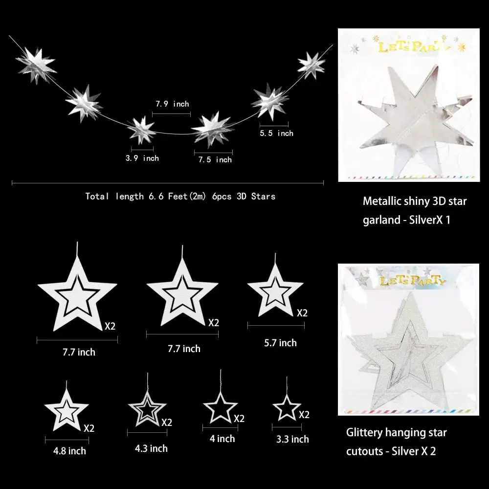 Silver Star Garland Party Decorations 3D Stars Paper Bunting Banner for Holiday Birthday Wedding Baby Shower Hanging Decorations