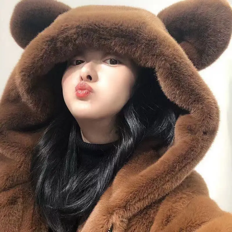Spring and Autumn Winter Cute Bear Ears Imitation Mink Grass Hooded Plush Thick Medium Length Coat for Women