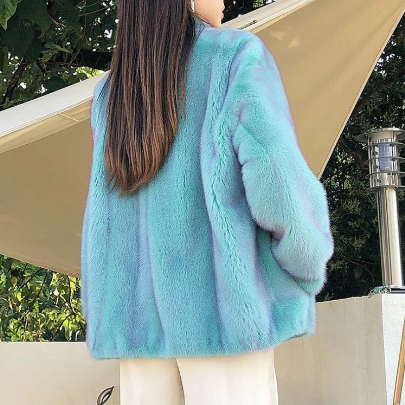 Winter Gradient Faux Fux Collarlless Teal Blue Jacket Coat for Women