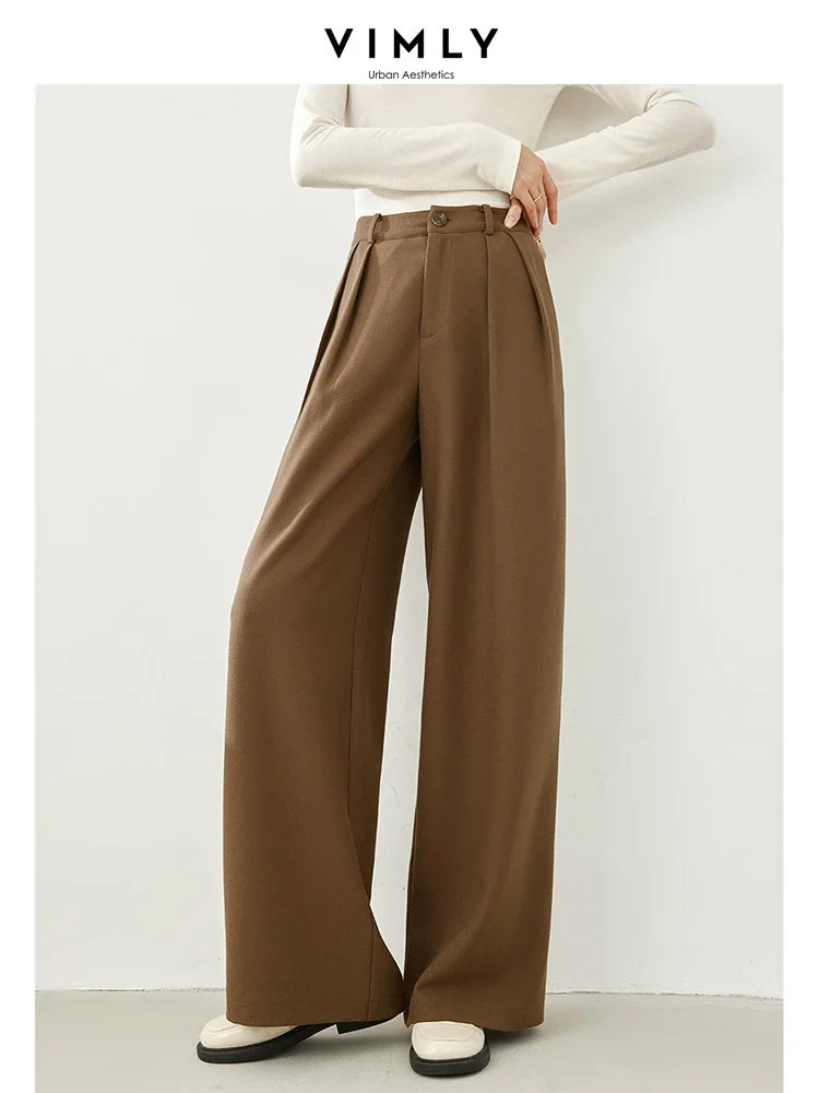 Vimly Coffee Baggy Pants for Women 2023 Winter Elegant Business Wide Leg Dress Pant Solid Straight Loose Casual Trousers M5582