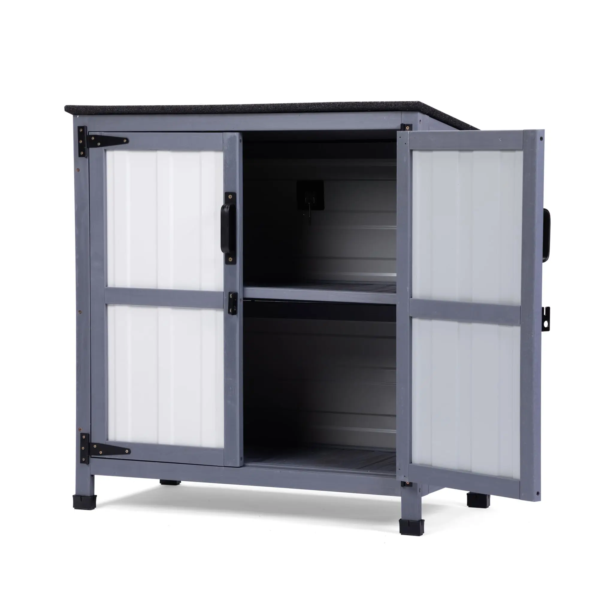 Gray Outdoor Storage Cabinet with Steel Lining, Adjustable Shelf, Asphalt Roof, and Magnetic Closing Do for Patio