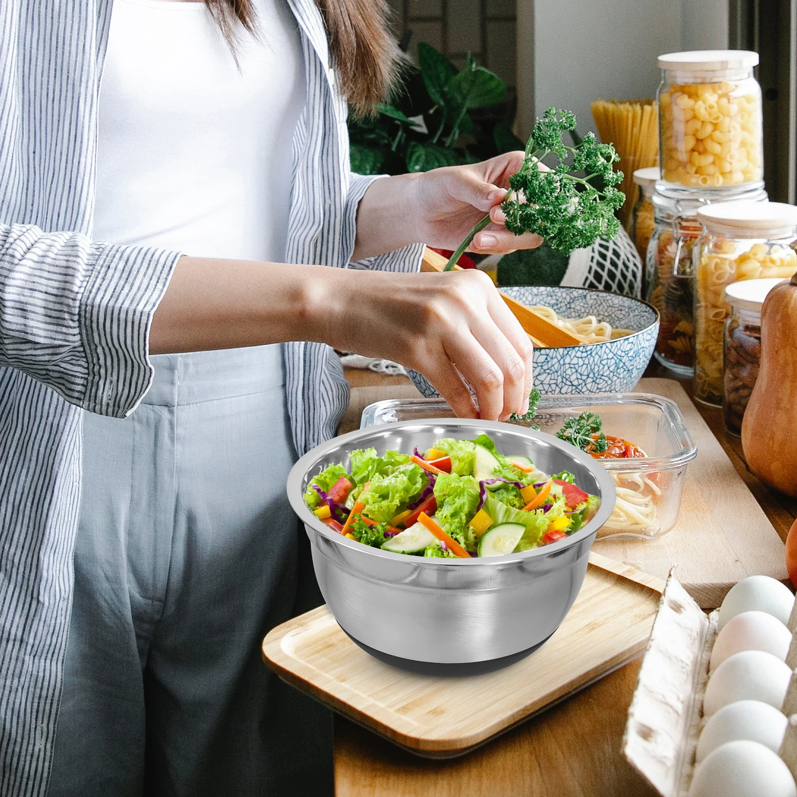 

Stainless Steel Salad Mixing Bowl Large Capacity Kitchen Prep Bowls Mixing Egg Rice Baking Pan Kitchen Supplies