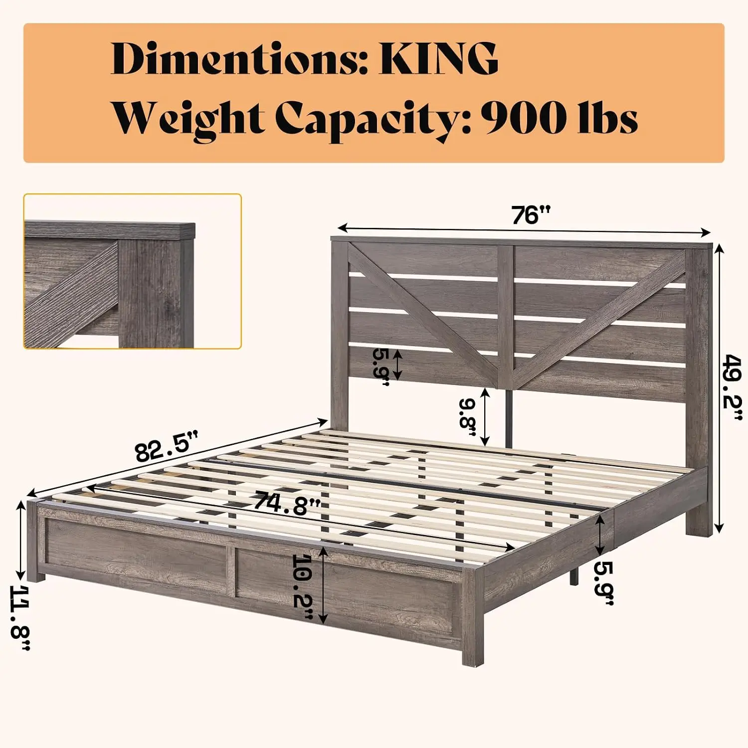 AMERLIFE King Size Farmhouse Bed Frame with 49.2