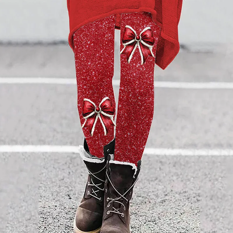 

Women's Christmas Bow Graphic Leggings Cozy Vintage Fashion Fleece Thermal Warm Printed Trousers for Vacation