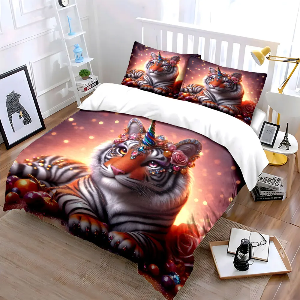 Tiger adorned with unicorn decorations Print Bedding Set 1 Duvet Cover 2 Pillowcases for Adult and Children Luxury Gift