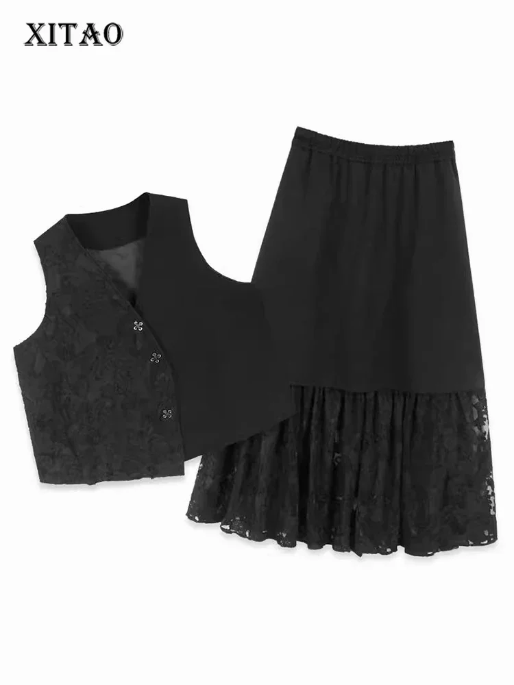 

XITAO Patchwork Lace False Two Pieces Set Casual V-neck Loose Fitting Elastic Waist Hong Kong Autumn Women Dress Set GYX1500