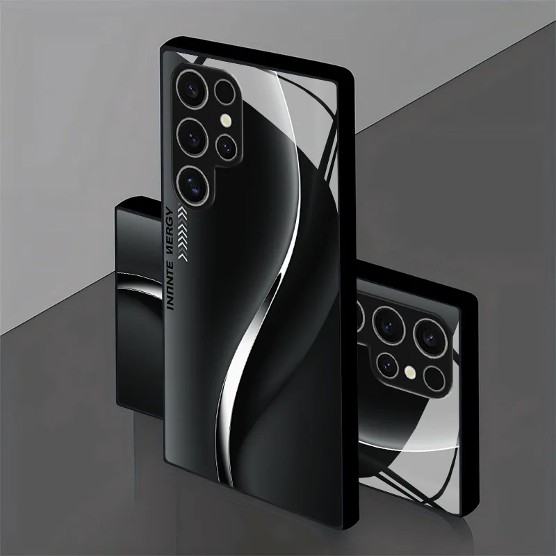 Silver line black background pattern TPU glass phone case, suitable for Samsung S26/S25/S24/S23/S22/S21/S20 and other models.
