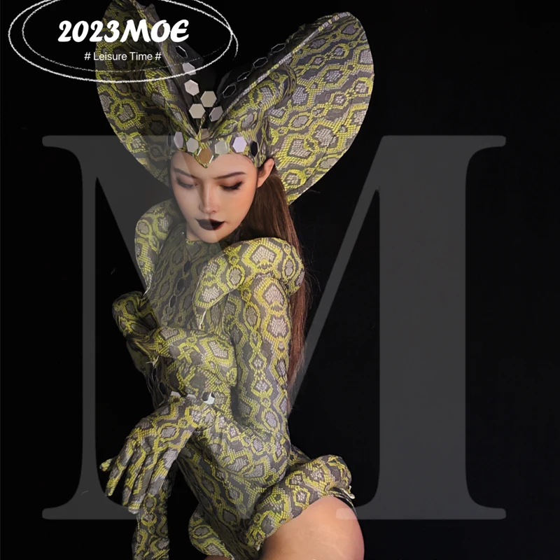 Women Gogo Dance Costumes Snake Patterned Bodysuit Bar Nightclub Ds Dj Halloween Jazz Clothing Female Stage Rave Outfit XS7065