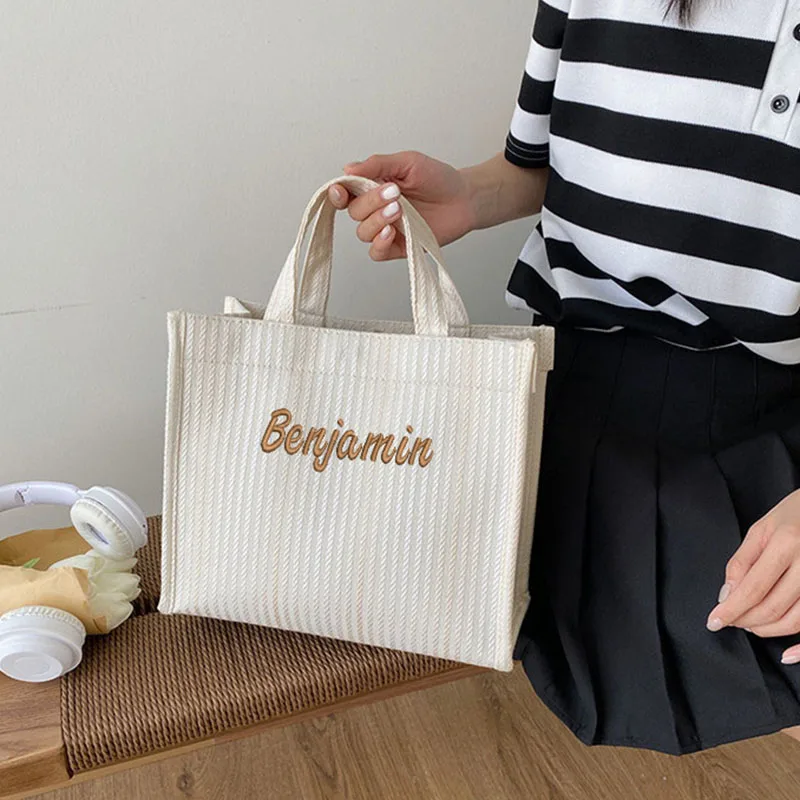 Bolso de mano de lona con logotipo personalizado para mujer, bolsa Bento de gran capacidad con rayas bordadas, bolso de hombro