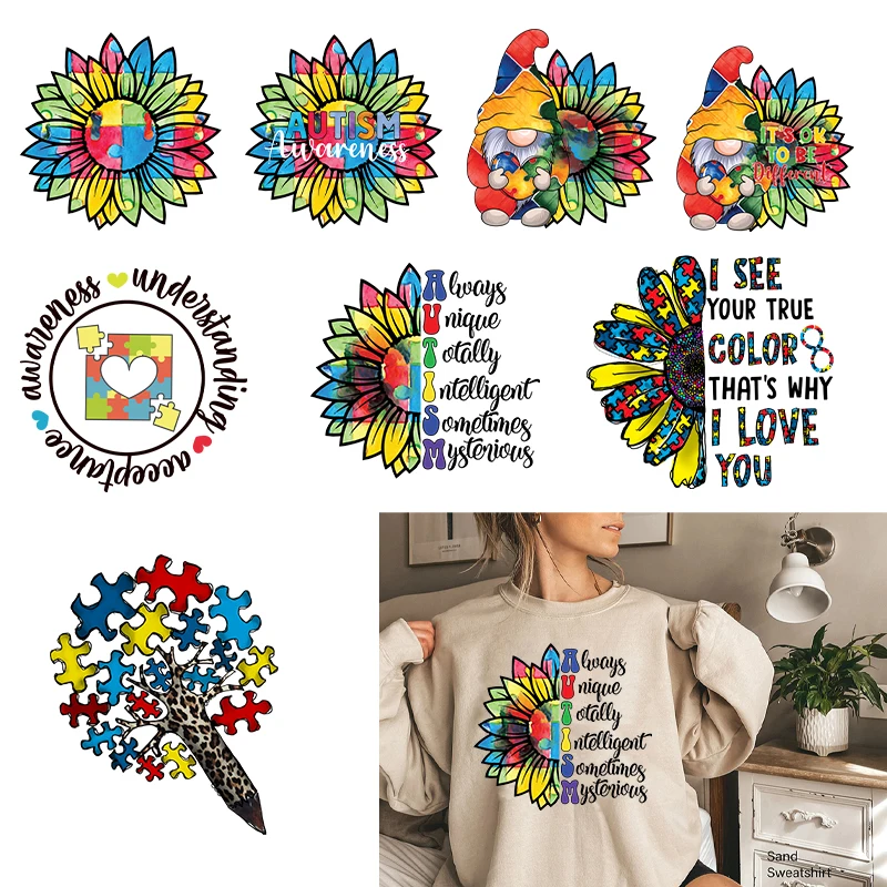 Autism Theme Design Iron On DTF Transfer Sticker For Clothing T Shirts Flower Love Heat Print Patch For Jacket Hooding DIY Appli