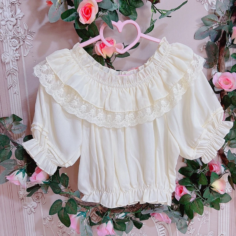 Sweet Lolita Blouses Women Cute Lace Ruffles Undershirt Short Sleeve Off Shoulder Girls Shirt Chiffon Crop Top Chic Loli Clothes