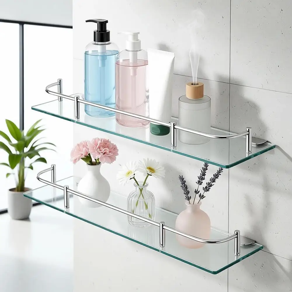 

Набор из 2-х подвесных полок из закаленного стекла с направляющими из нержавеющей стали и кронштейнами из цинкового сплава