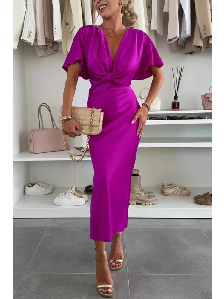 Women's Fashion Satin Elegant Deep V Collar Bat Short Sleeve Party Dress Ladies Sexy Temperament Slim Fit Solid Color Long Dress