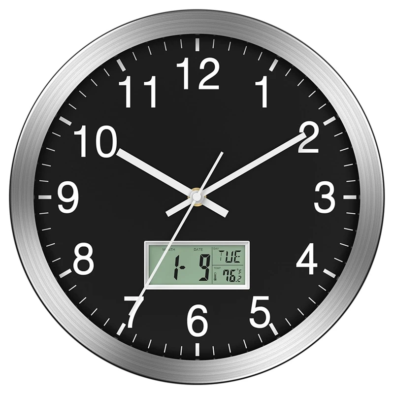 12Inch Wall Clock With Digital Date, Week & Indoor Temp - Battery Operated Wall Clock, Auto Sets,Easy To Read