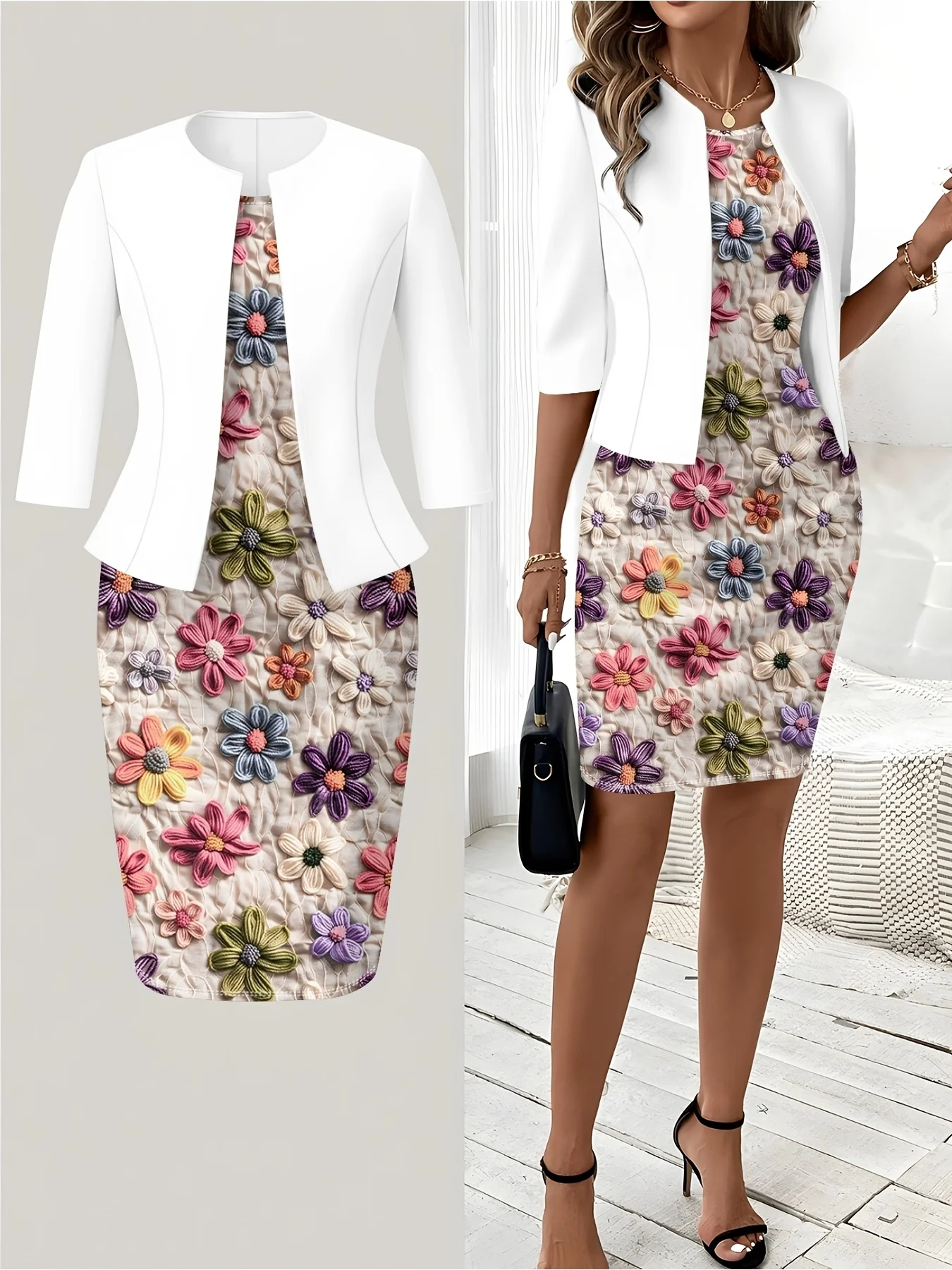 Printed design Casual Style Colorful Floral Embroidered Dress Pattern Round Neck Dress Set