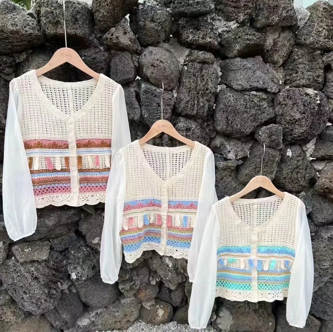 قطع علوية نسائية مطرزة من الكروشيه مع أكمام شيفون وأزرار أمامية قمصان شفافة مفتوحة متماسكة ملابس صيفية للإجازات #5