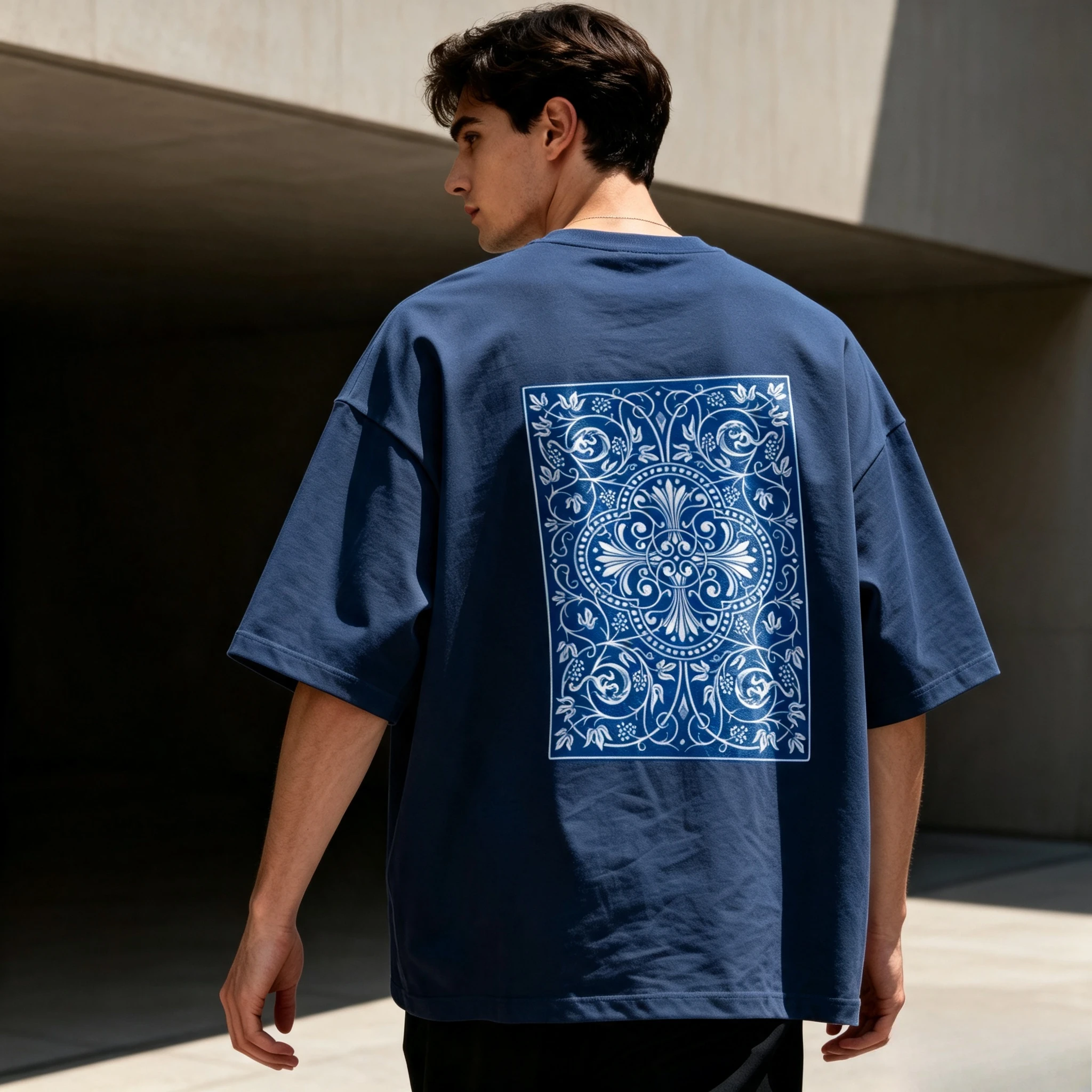 Blue Ornate Tile Pattern T-Shirt | Ceramic Inspired Back Print Printed Short Sleeve - Y2K Style  Classic Round-neck T-Shirt
