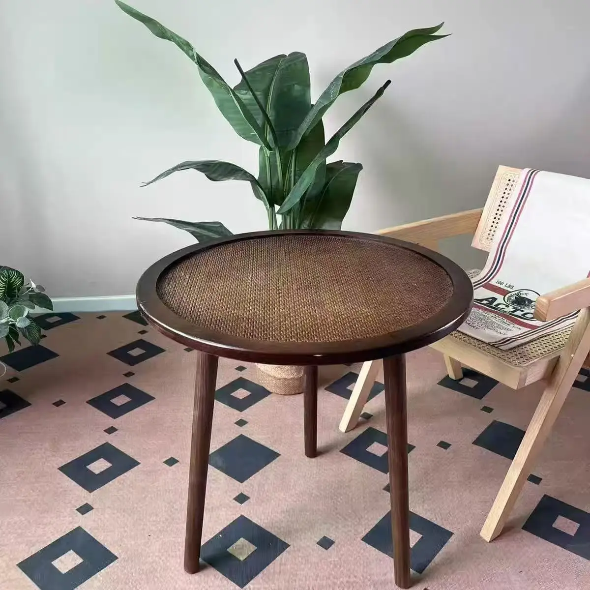 #Vintage Rattan & Wood Side Table, Round Accent Table for Living Room
