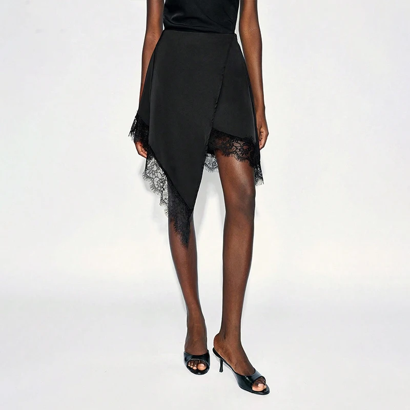 

BKLD Women's Vintage Patchwork Lace Irregular Skirt 2026 Elegant Sexy Elastic Waisted Classic Black Fashion Versatile Half Skirt