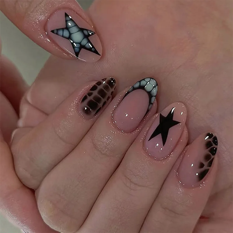 24 pçs curto amêndoa unhas falsas simples flor design preto francês conjunto de unhas falsas com cola geléia wearable imprensa em unhas terminadas