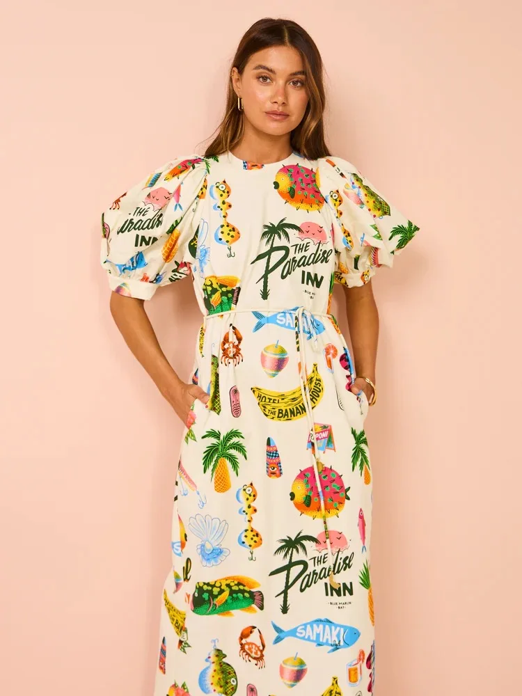 

Women Summer Holiday Maxi Dress Fashion Casual Print Long Drsses Short Sleeve Loose Vintage Robe Female Vestidos Party Culb 2024