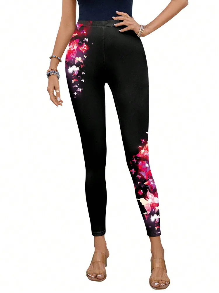 Butterfly print elastic elastic waist slim casual leggings women wear every day