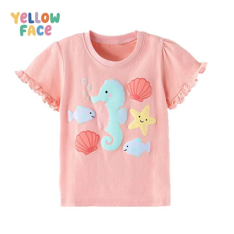 New Summer Girls Cotton Lace Sleeve Breathable T-Shirt Children Crew Neck Animal Print Short Sleeve Top Kids Campus Casual Wear