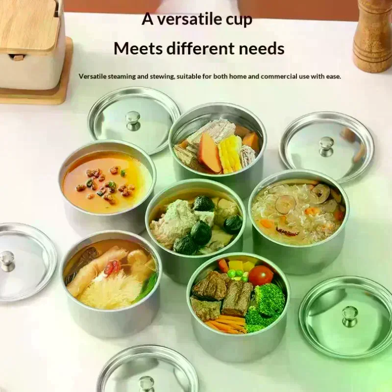 Juego de 1/3/5 Recipientes de Acero Inoxidable para Huevos al Vapor, Ramen, Arroz, Frutas, Ensaladas, Guisos, con Tapas, Tazón para Sopa, Contenedor de Alimentos, Vajilla de Cocina
