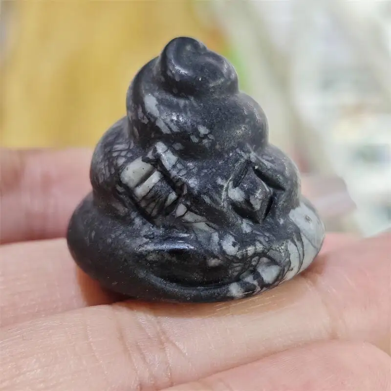 Natural Black Network Stone Poop Carving Healing Crystal Gemstone Collectible Home Decoration Gift 1PCS