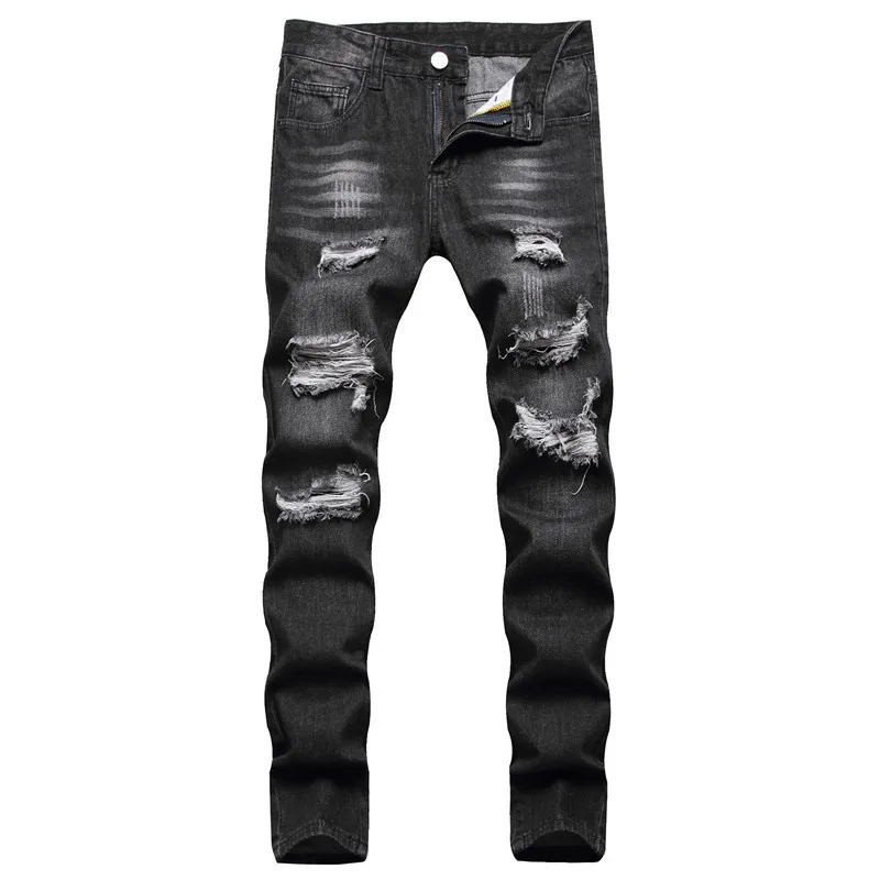

Black Casual Straight Leg Jeans Mid-Waist Ripped No Elasticity European American Style Long for Young Adults