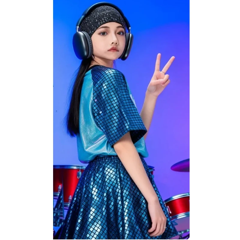 

Новая одежда для выступлений в стиле хип-хоп, детский комплект с синими блестками, костюм для мальчиков и девочек, сценический костюм для выступлений, костюм для студентов-чирлидеров