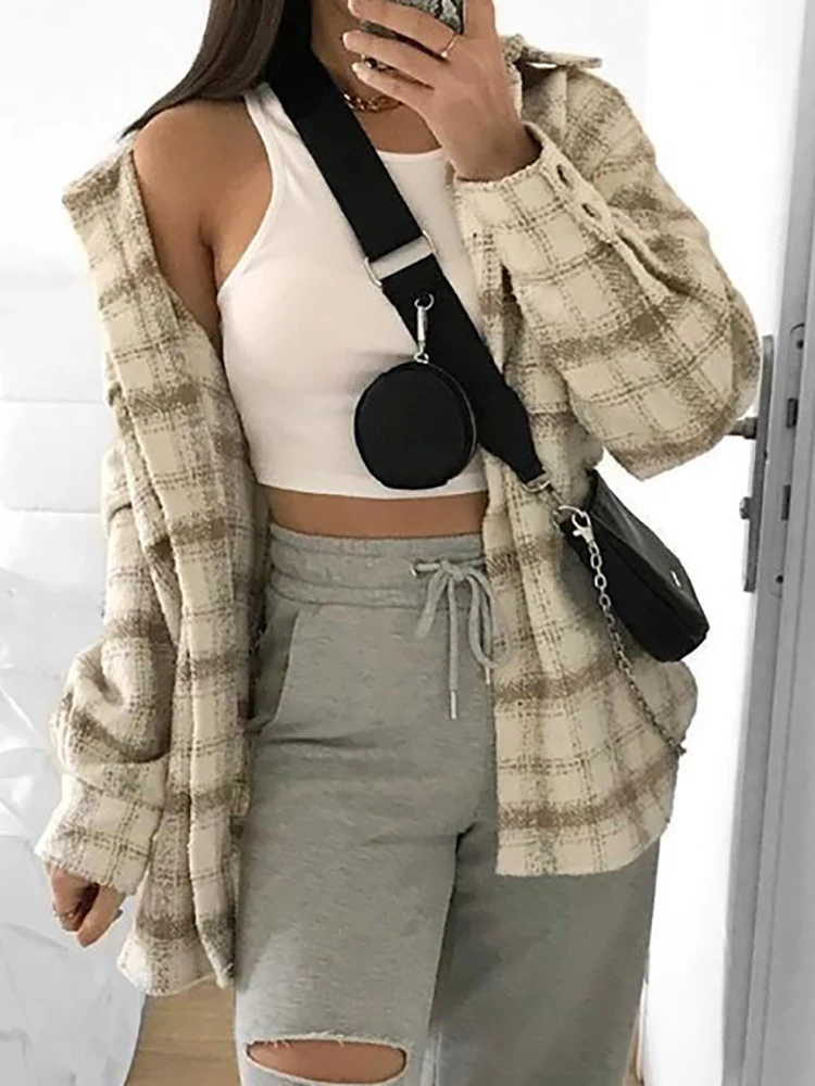 Vintage Women Tweed Plaid Jacket 2023 Fashion Ladies Elegant Loose Jackets Streetwear Girls Oversize Outwear