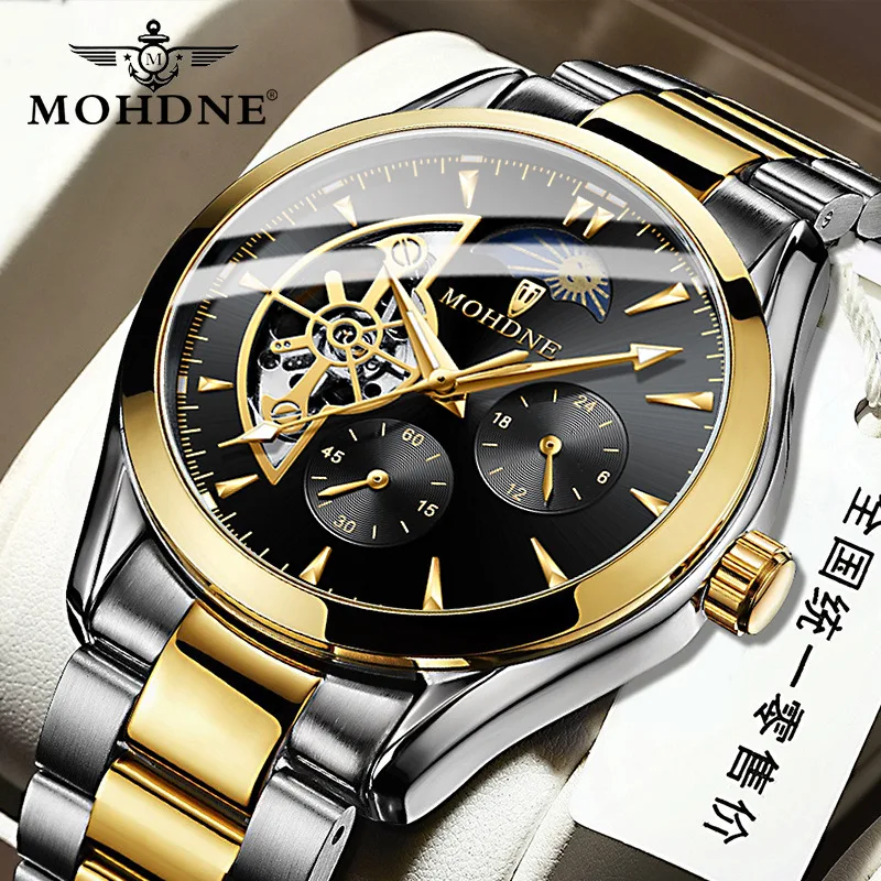 Top Brand Luxury Men Watches Sun Moon Star Tourbillon Skeleton Luminous Five-Hand Three-Eyes Automatic Mechanical Watch Male