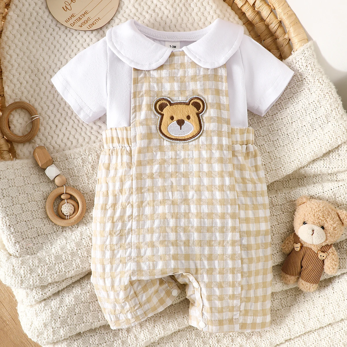 Summer newborn baby boy white-collar front open short sleeved shirt, apricot checkered cartoon bear embroidery pattern 2pieceset