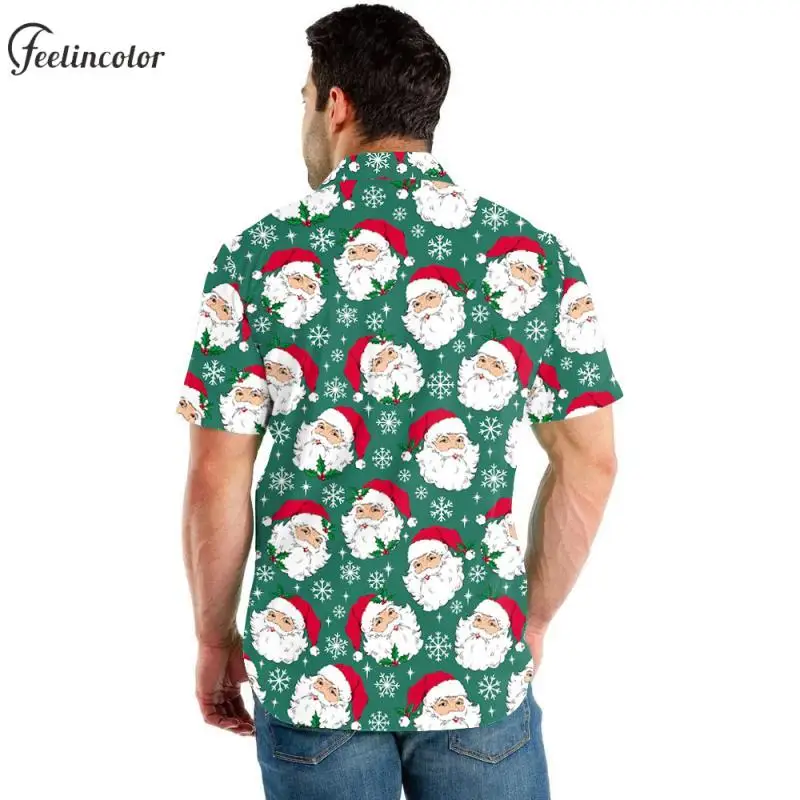 Santa Claus Graphic Button Polo Shirts for Men Xmas Holiday Party Tees Green Notched Neck Tops Novelty Male Female Streetwear