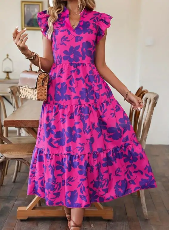 Nuovo abito estivo a trapezio casual con stampa floreale con scollo a V per donna, abito senza maniche a vita alta ampio alla moda ed elegante