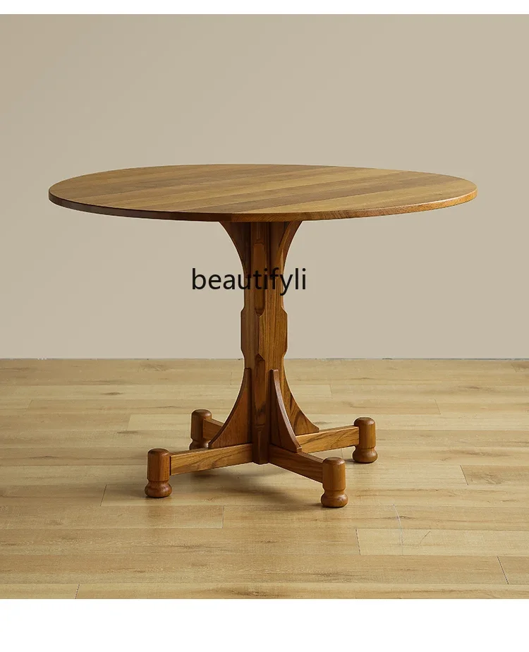 

A57 Medieval solid wood dining table household Nordic Myanmar old teak retro round table restaurant solid wood dining table